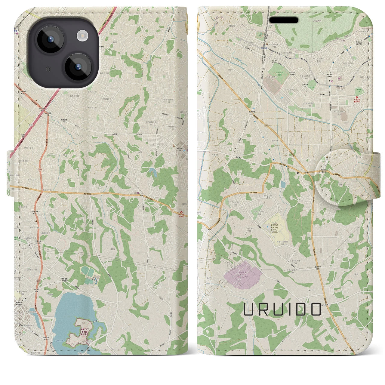 【潤井戸(千葉県)】地図柄iPhoneケース(手帳タイプ)ナチュラル・iPhone 14 Plus 用