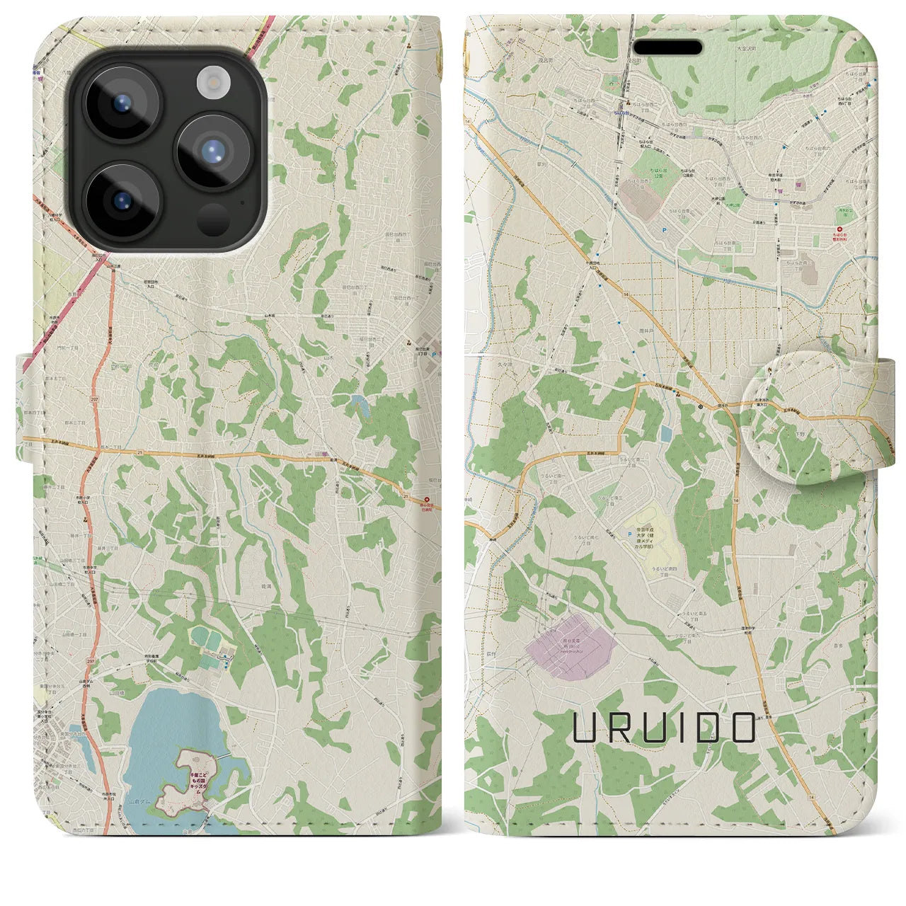 【潤井戸(千葉県)】地図柄iPhoneケース(手帳タイプ)ナチュラル・iPhone 15 Pro Max 用