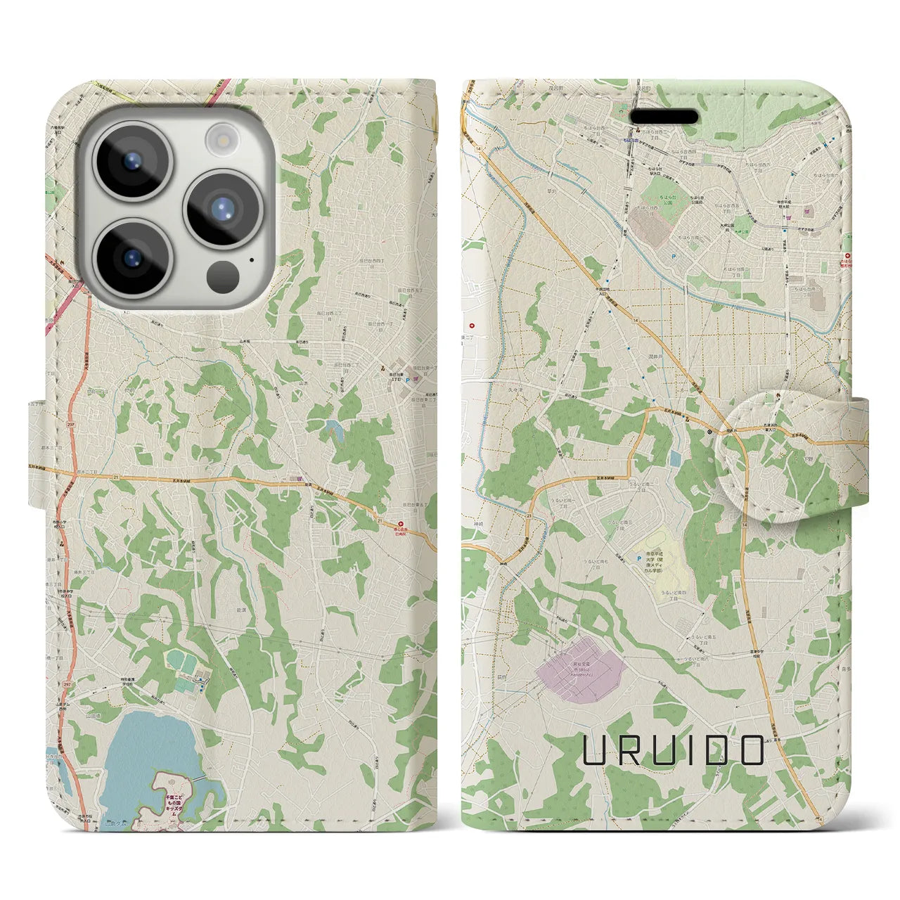 【潤井戸(千葉県)】地図柄iPhoneケース(手帳タイプ)ナチュラル・iPhone 15 Pro 用