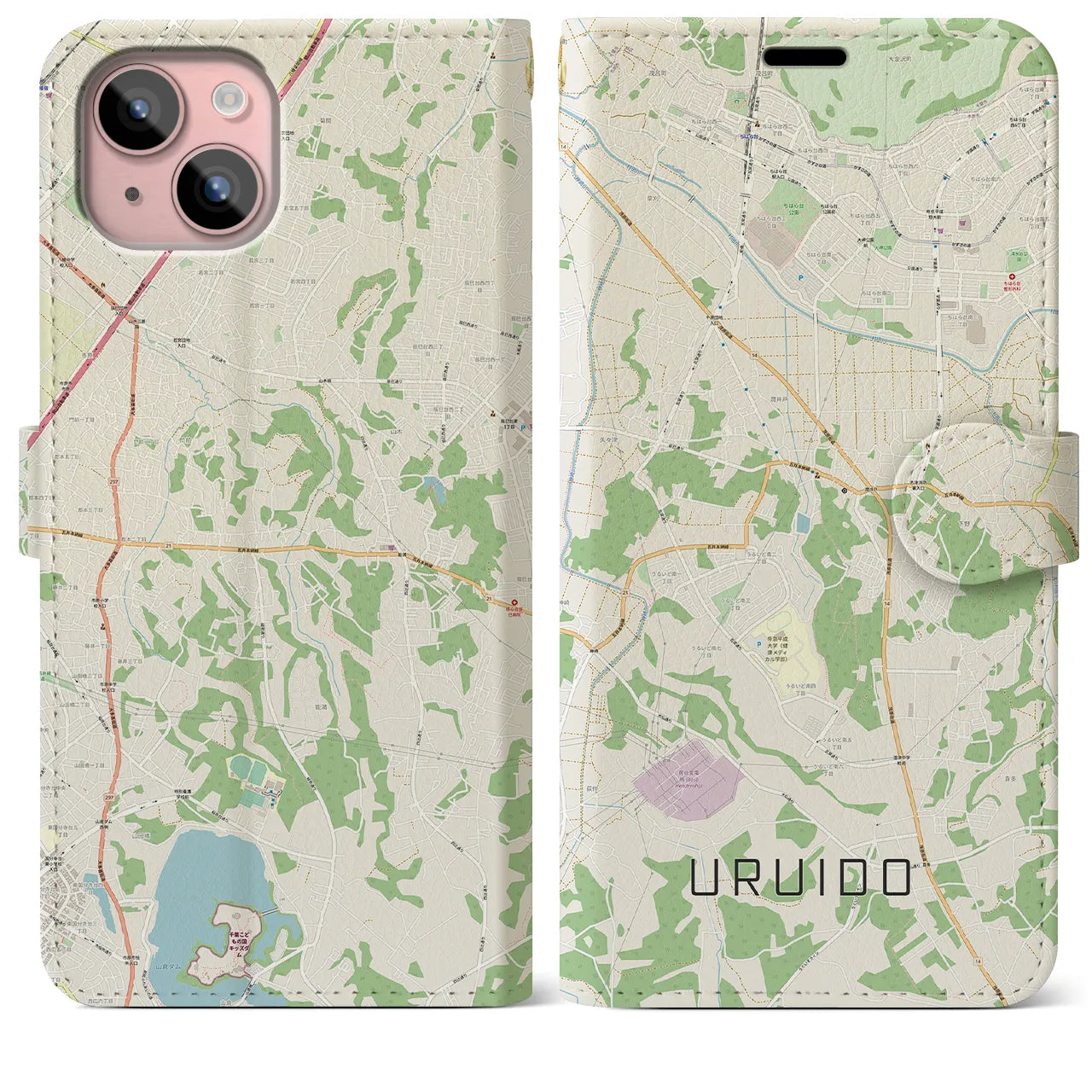 【潤井戸(千葉県)】地図柄iPhoneケース(手帳タイプ)ナチュラル・iPhone 15 Plus 用