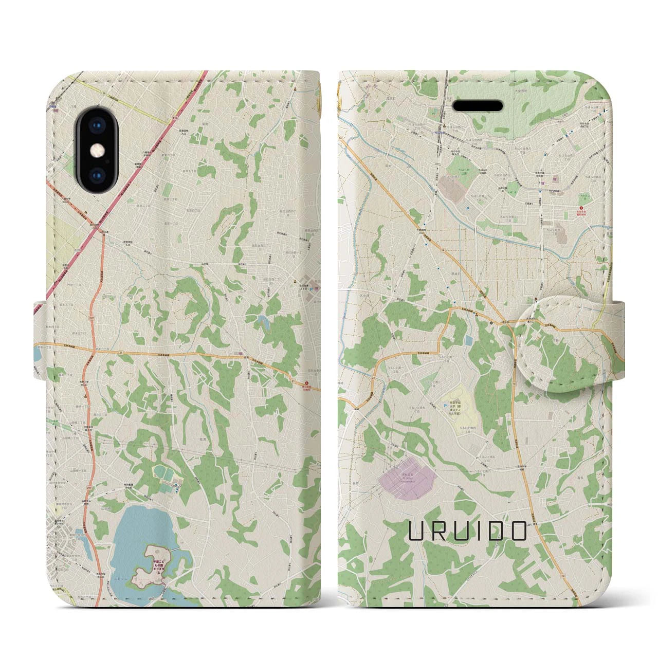 【潤井戸(千葉県)】地図柄iPhoneケース(手帳タイプ)ナチュラル・iPhone XS / X 用