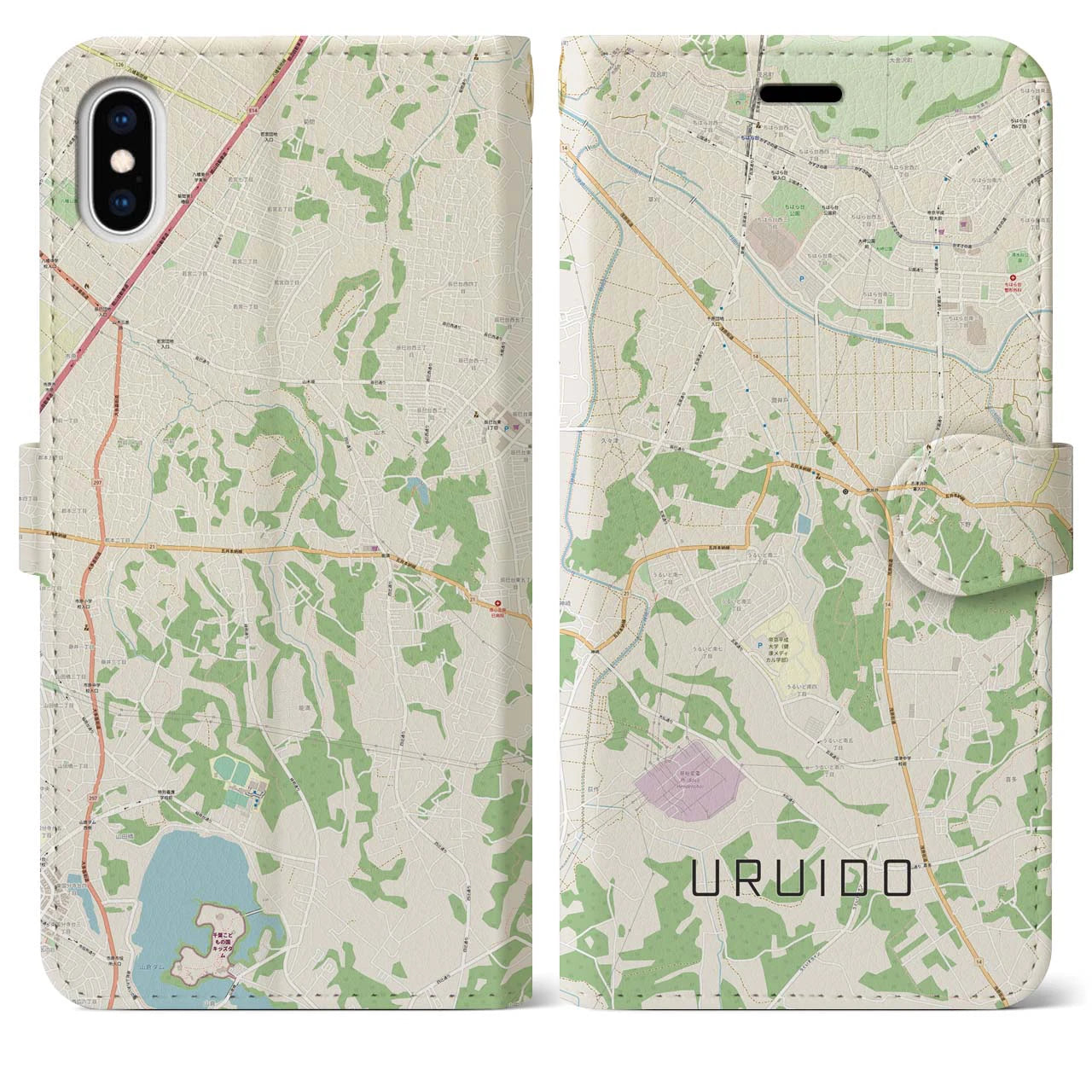 【潤井戸(千葉県)】地図柄iPhoneケース(手帳タイプ)ナチュラル・iPhone XS Max 用