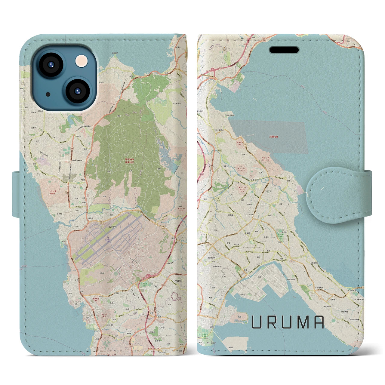 【うるま(沖縄県)】地図柄iPhoneケース(手帳タイプ)ナチュラル・iPhone 13 用