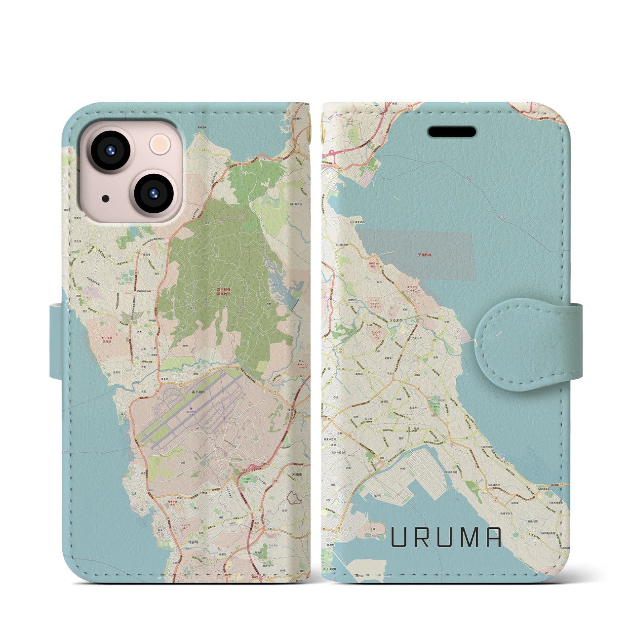 【うるま(沖縄県)】地図柄iPhoneケース(手帳タイプ)ナチュラル・iPhone 13 mini 用