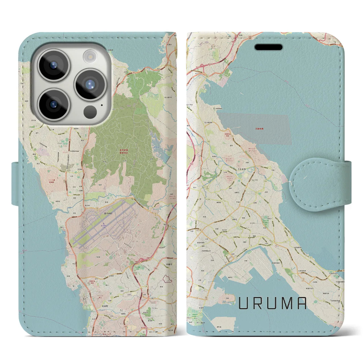 【うるま(沖縄県)】地図柄iPhoneケース(手帳タイプ)ナチュラル・iPhone 15 Pro 用