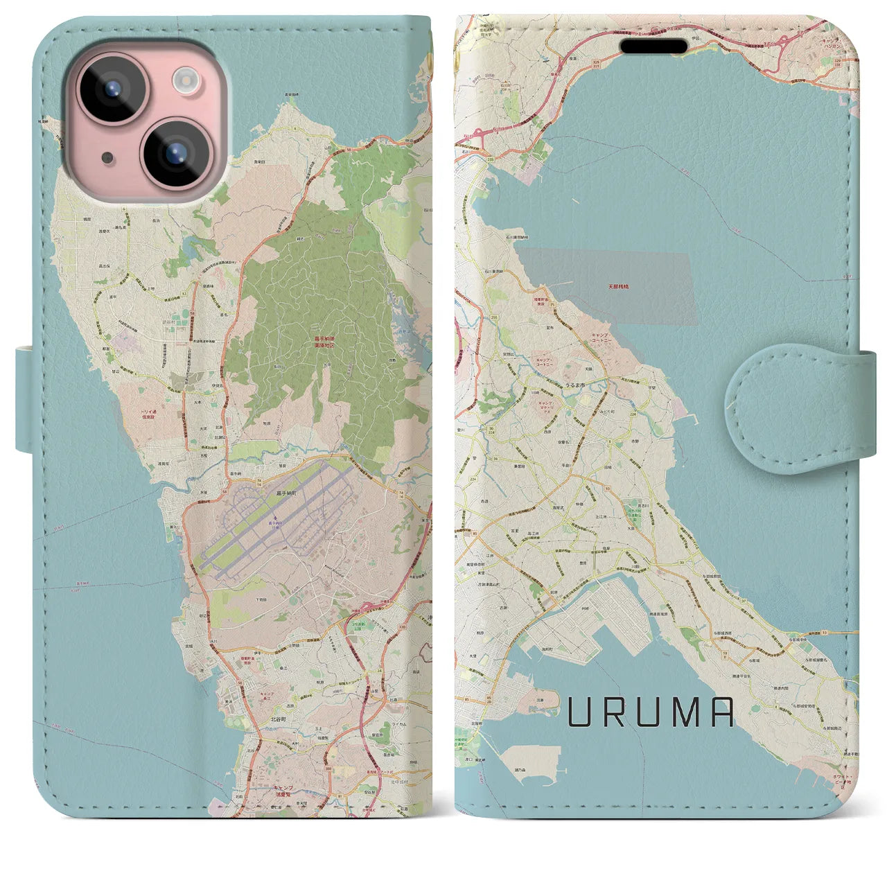 【うるま(沖縄県)】地図柄iPhoneケース(手帳タイプ)ナチュラル・iPhone 15 Plus 用