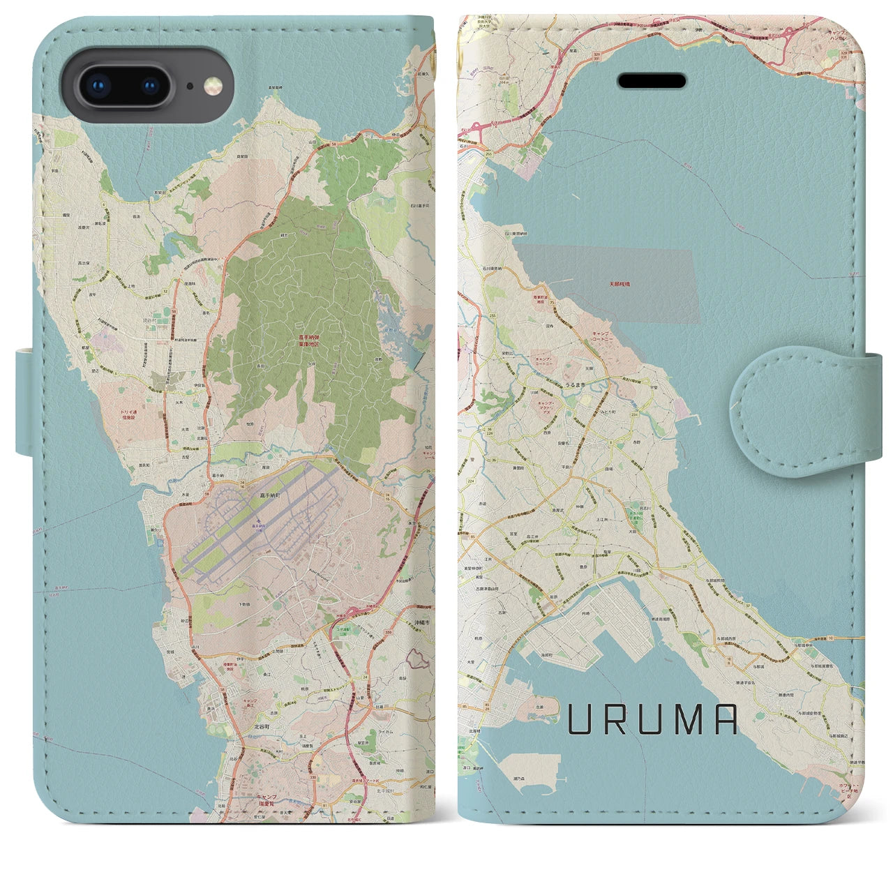 【うるま(沖縄県)】地図柄iPhoneケース(手帳タイプ)ナチュラル・iPhone 8Plus /7Plus / 6sPlus / 6Plus 用