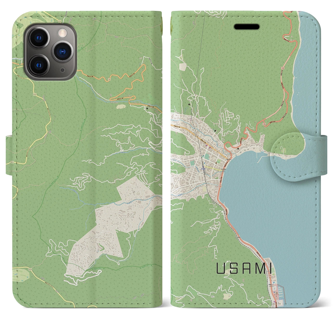 【宇佐美(静岡県)】地図柄iPhoneケース(手帳タイプ)ナチュラル・iPhone 11 Pro Max 用