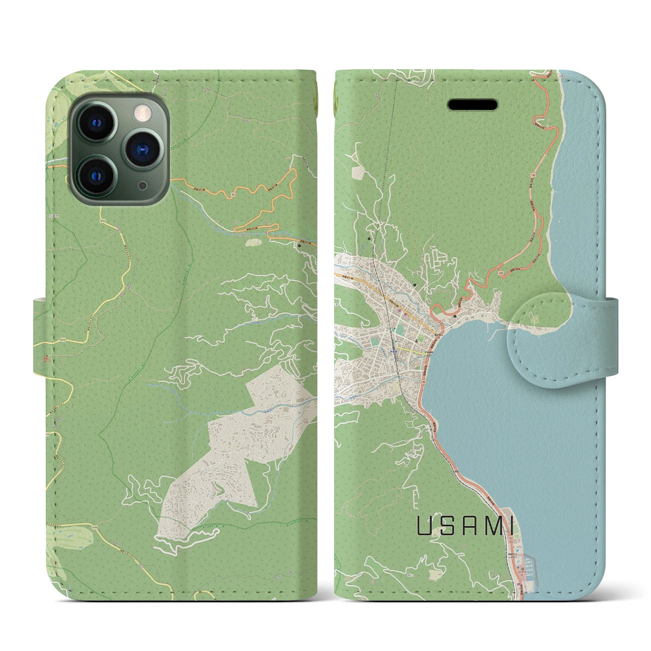 【宇佐美(静岡県)】地図柄iPhoneケース(手帳タイプ)ナチュラル・iPhone 11 Pro 用