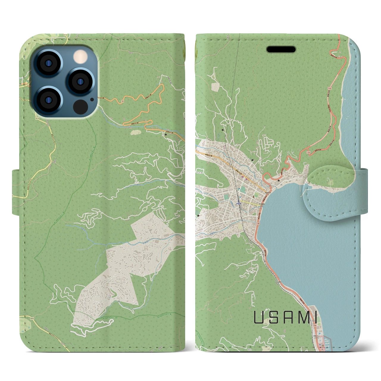 【宇佐美(静岡県)】地図柄iPhoneケース(手帳タイプ)ナチュラル・iPhone 12 / 12 Pro 用