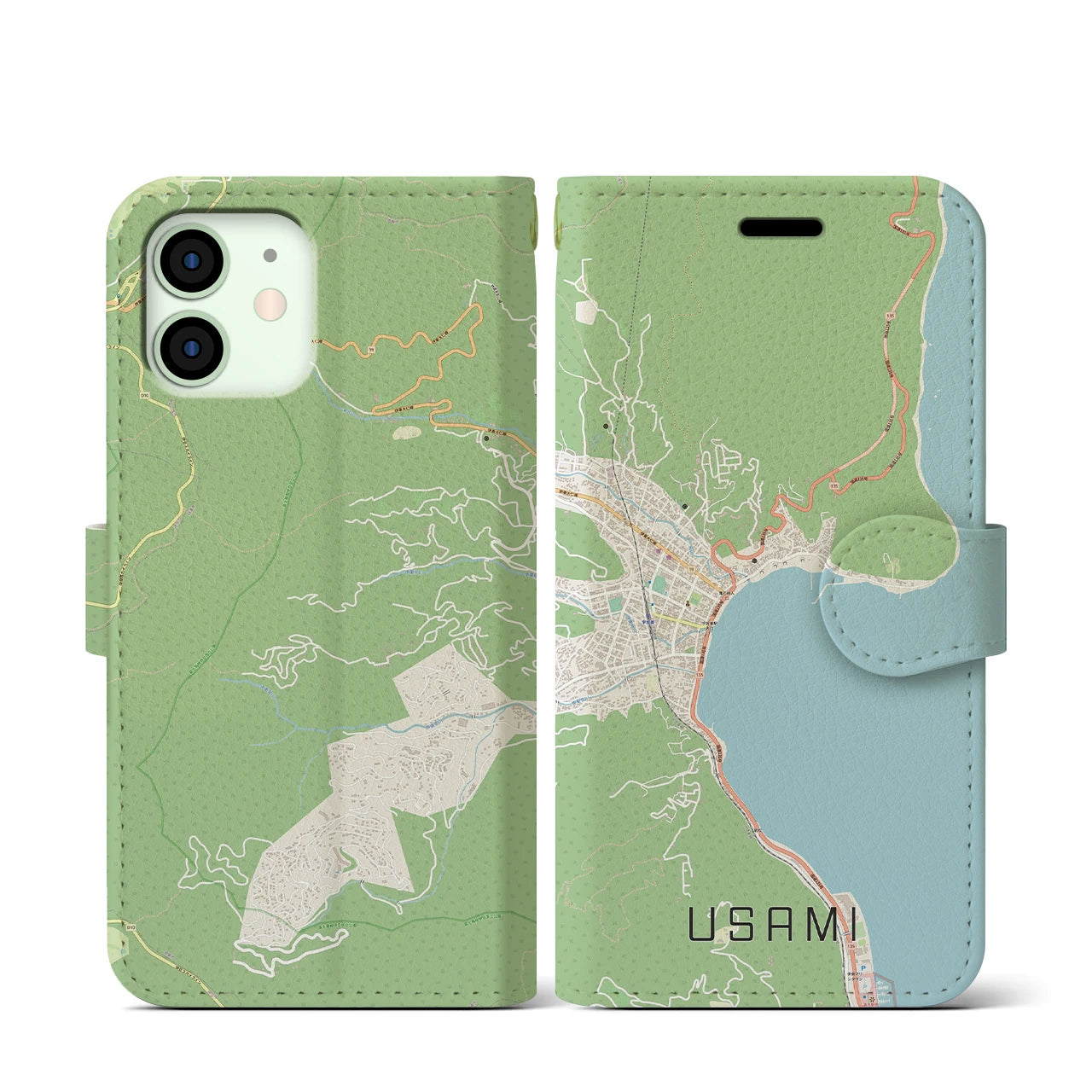 【宇佐美(静岡県)】地図柄iPhoneケース(手帳タイプ)ナチュラル・iPhone 12 mini 用