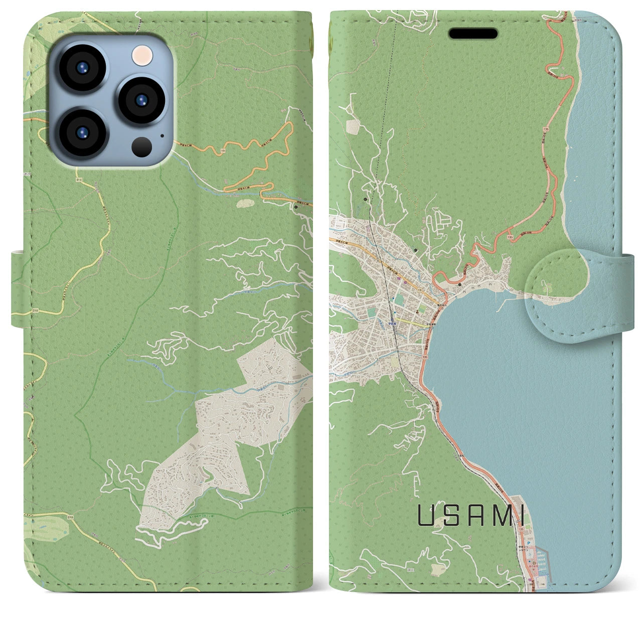 【宇佐美(静岡県)】地図柄iPhoneケース(手帳タイプ)ナチュラル・iPhone 13 Pro Max 用