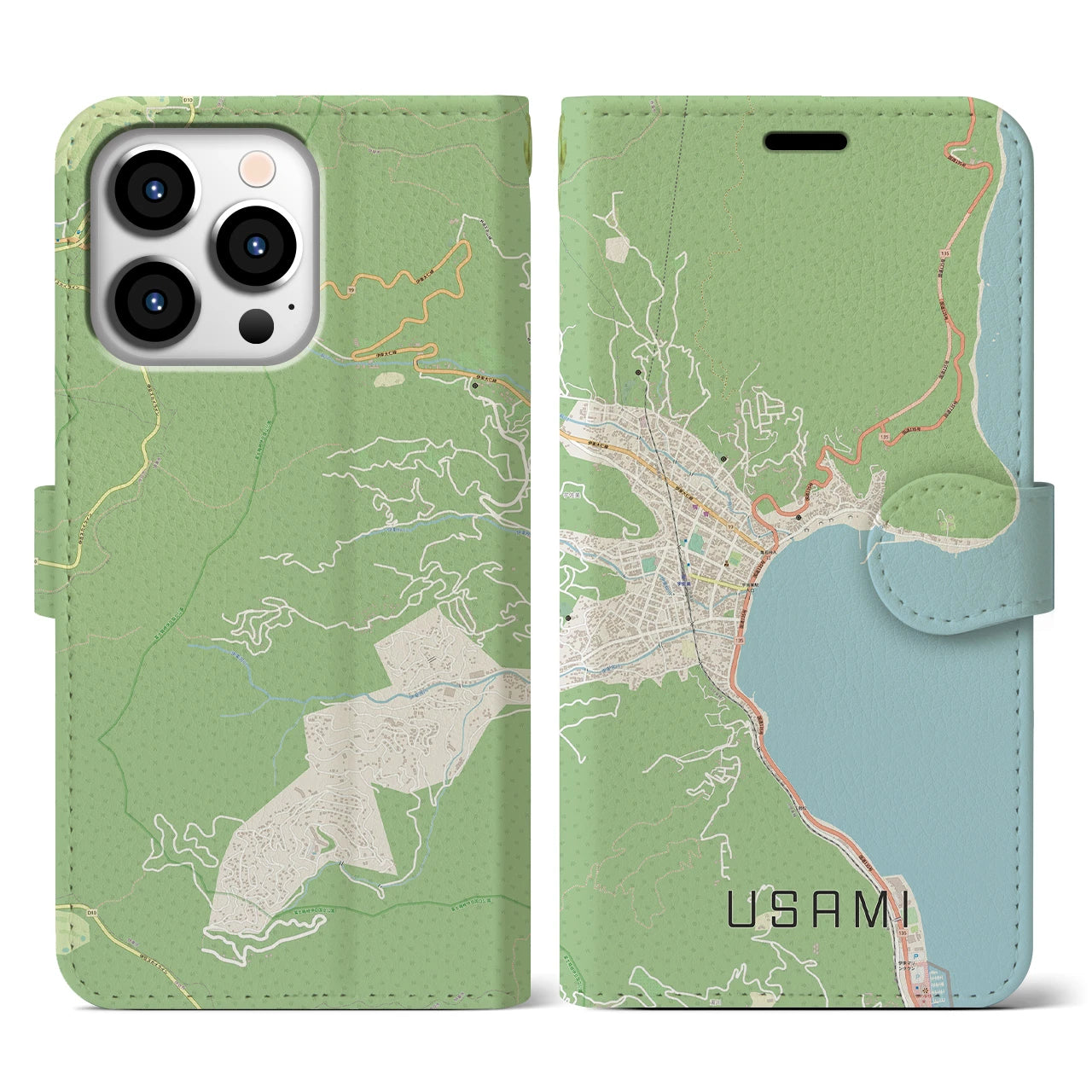 【宇佐美(静岡県)】地図柄iPhoneケース(手帳タイプ)ナチュラル・iPhone 13 Pro 用