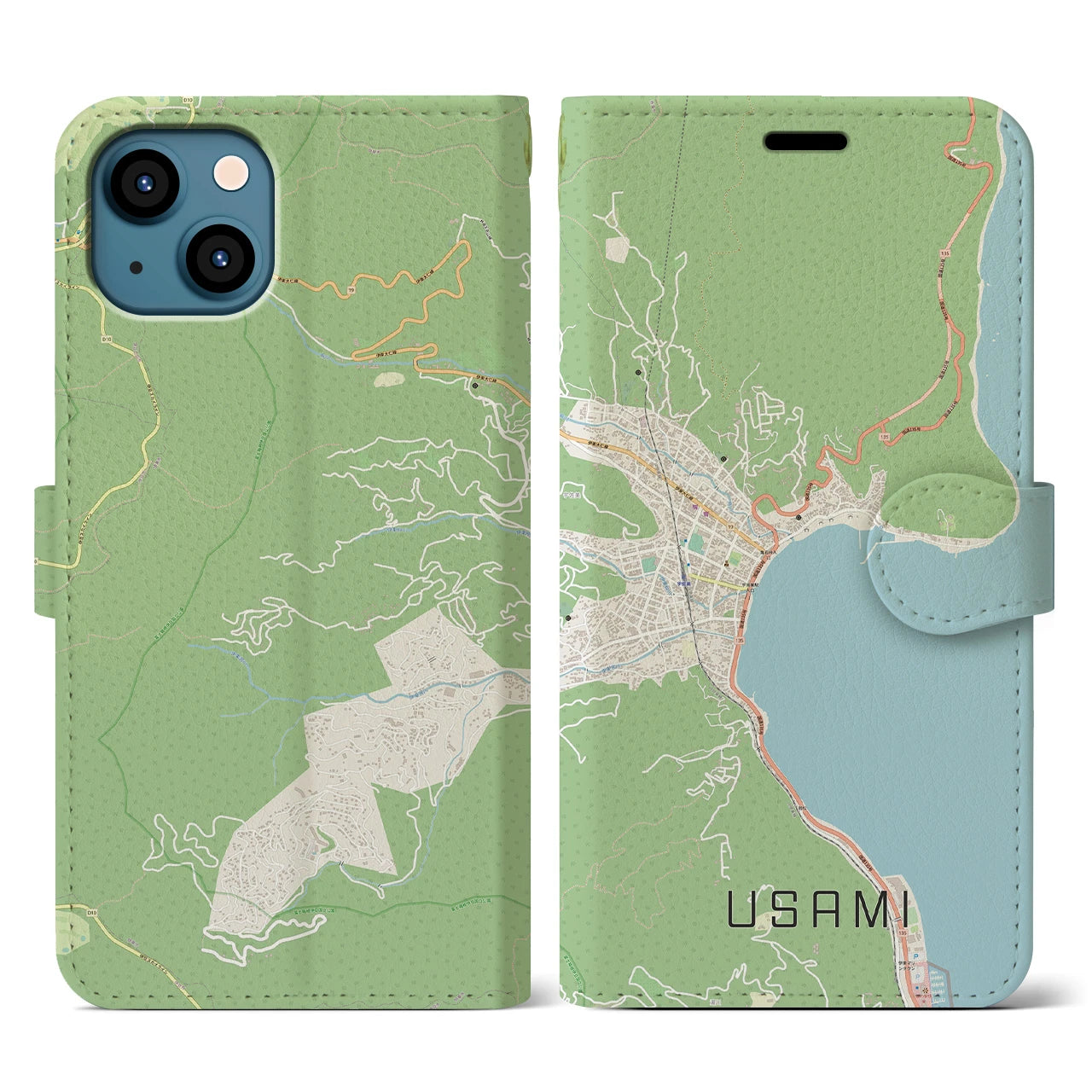 【宇佐美(静岡県)】地図柄iPhoneケース(手帳タイプ)ナチュラル・iPhone 13 用