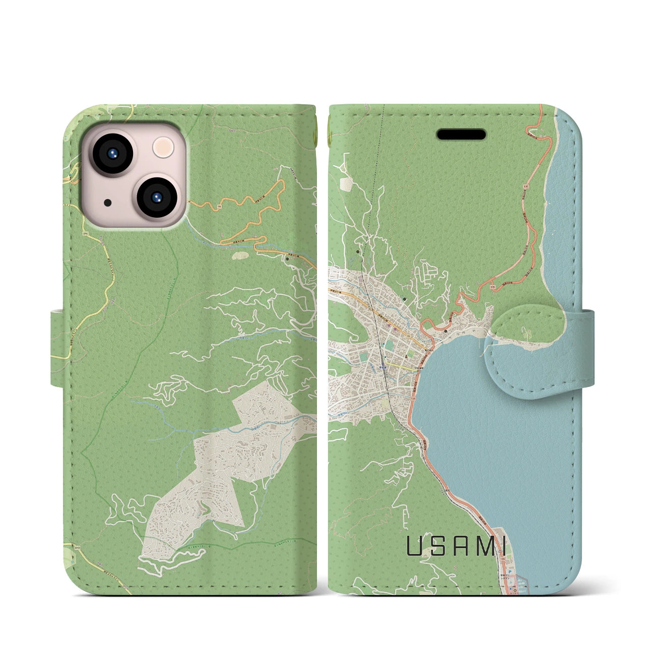 【宇佐美(静岡県)】地図柄iPhoneケース(手帳タイプ)ナチュラル・iPhone 13 mini 用