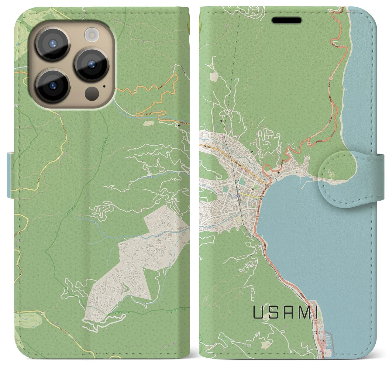 【宇佐美(静岡県)】地図柄iPhoneケース(手帳タイプ)ナチュラル・iPhone 14 Pro Max 用
