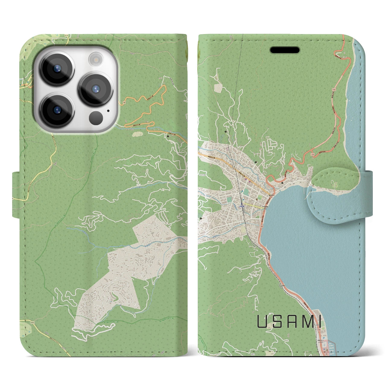 【宇佐美(静岡県)】地図柄iPhoneケース(手帳タイプ)ナチュラル・iPhone 14 Pro 用