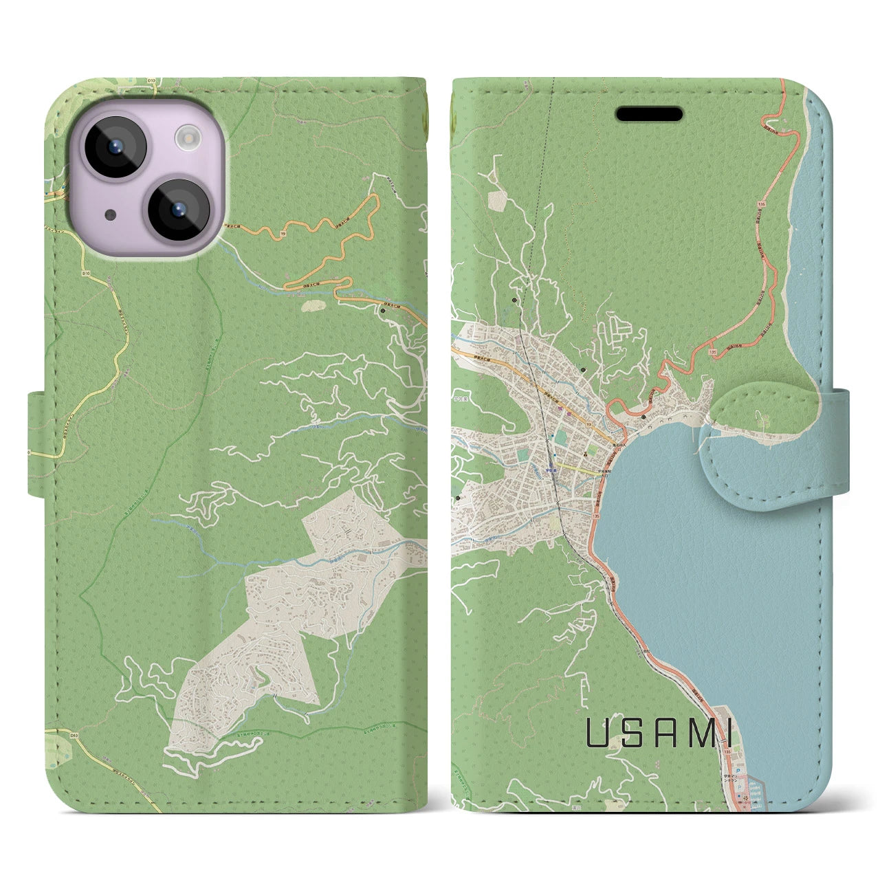 【宇佐美(静岡県)】地図柄iPhoneケース(手帳タイプ)ナチュラル・iPhone 14 用
