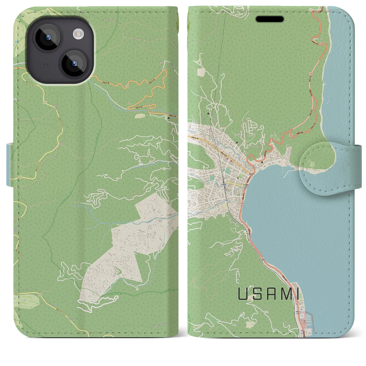 【宇佐美(静岡県)】地図柄iPhoneケース(手帳タイプ)ナチュラル・iPhone 14 Plus 用
