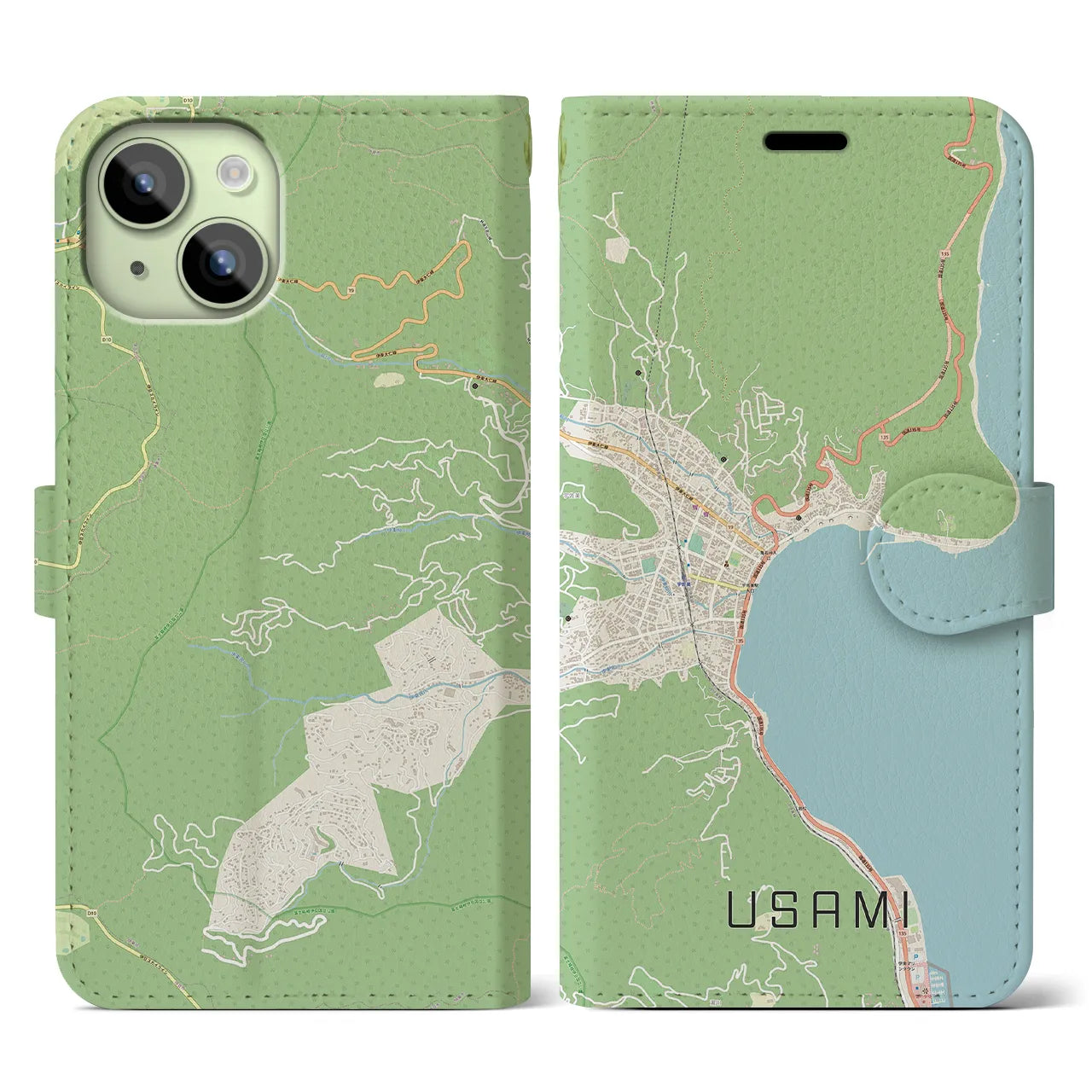 【宇佐美(静岡県)】地図柄iPhoneケース(手帳タイプ)ナチュラル・iPhone 15 用