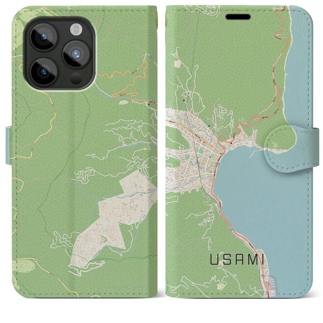【宇佐美(静岡県)】地図柄iPhoneケース(手帳タイプ)ナチュラル・iPhone 15 Pro Max 用
