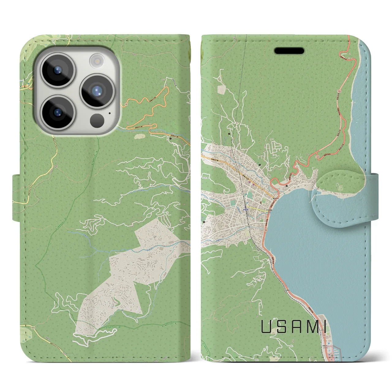 【宇佐美(静岡県)】地図柄iPhoneケース(手帳タイプ)ナチュラル・iPhone 15 Pro 用