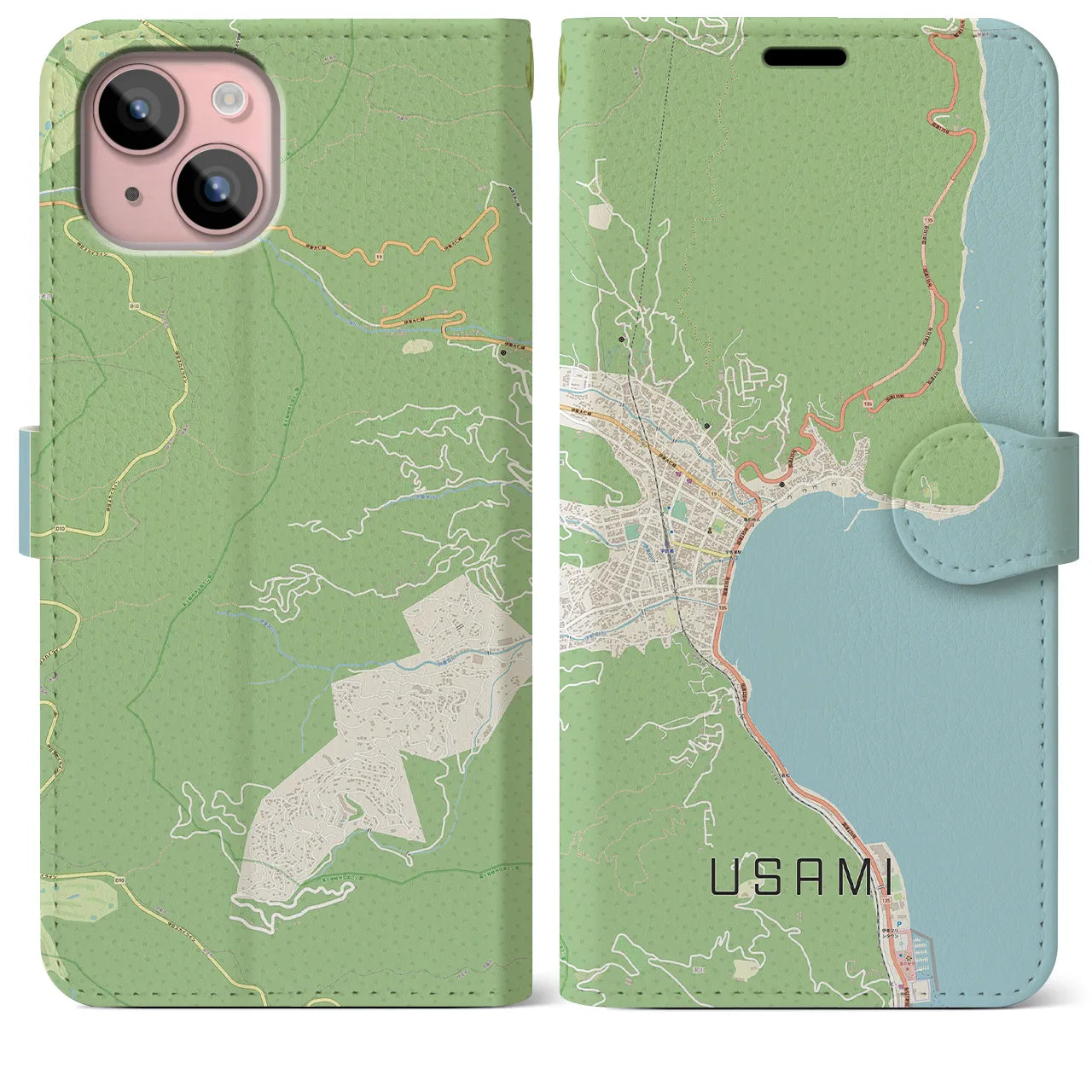 【宇佐美(静岡県)】地図柄iPhoneケース(手帳タイプ)ナチュラル・iPhone 15 Plus 用