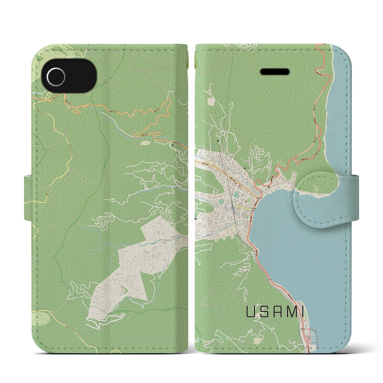 【宇佐美(静岡県)】地図柄iPhoneケース(手帳タイプ)ナチュラル・iPhone SE(第3 / 第2世代) / 8 / 7 / 6s / 6 用
