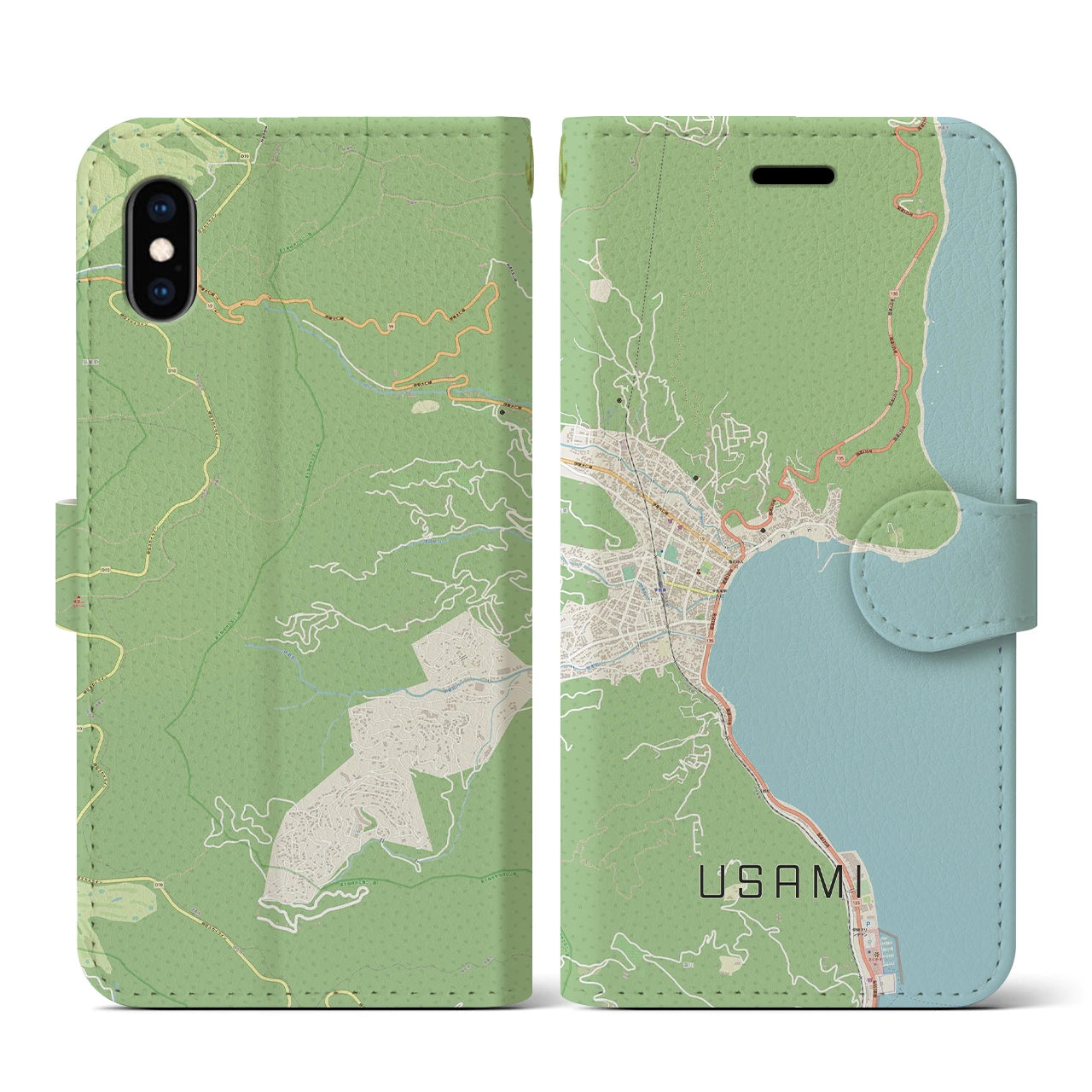 【宇佐美(静岡県)】地図柄iPhoneケース(手帳タイプ)ナチュラル・iPhone XS / X 用