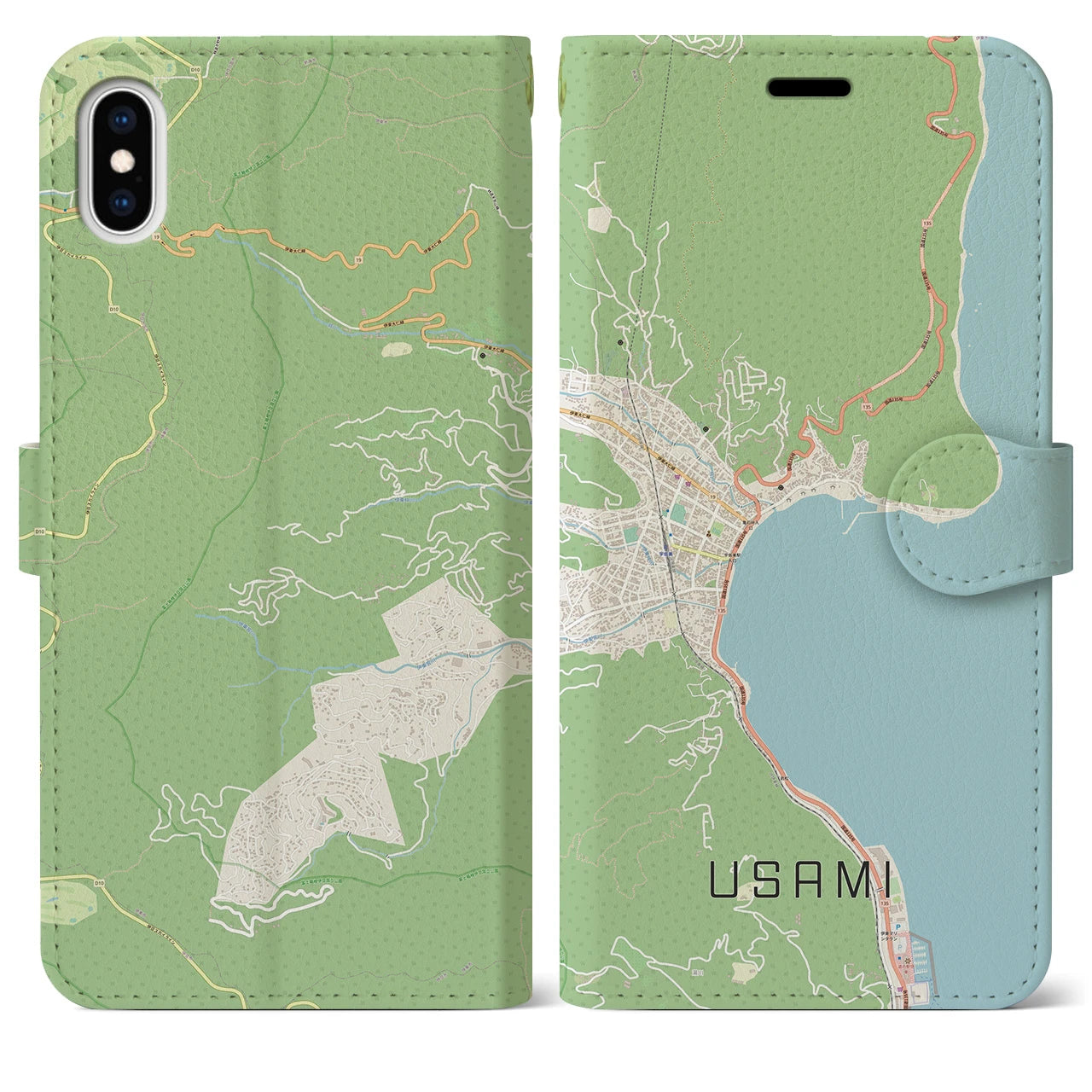 【宇佐美(静岡県)】地図柄iPhoneケース(手帳タイプ)ナチュラル・iPhone XS Max 用