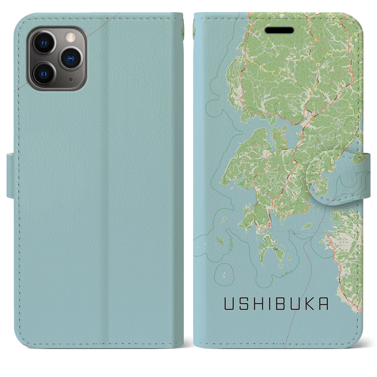 【牛深(熊本県)】地図柄iPhoneケース(手帳タイプ)ナチュラル・iPhone 11 Pro Max 用