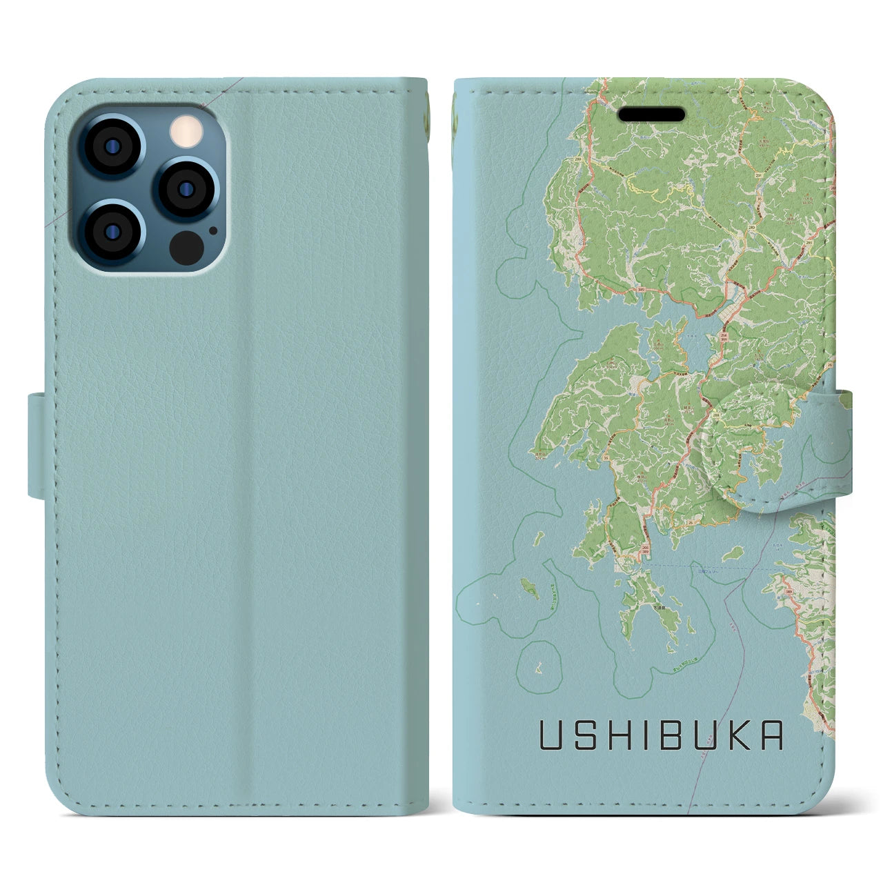 【牛深(熊本県)】地図柄iPhoneケース(手帳タイプ)ナチュラル・iPhone 12 / 12 Pro 用