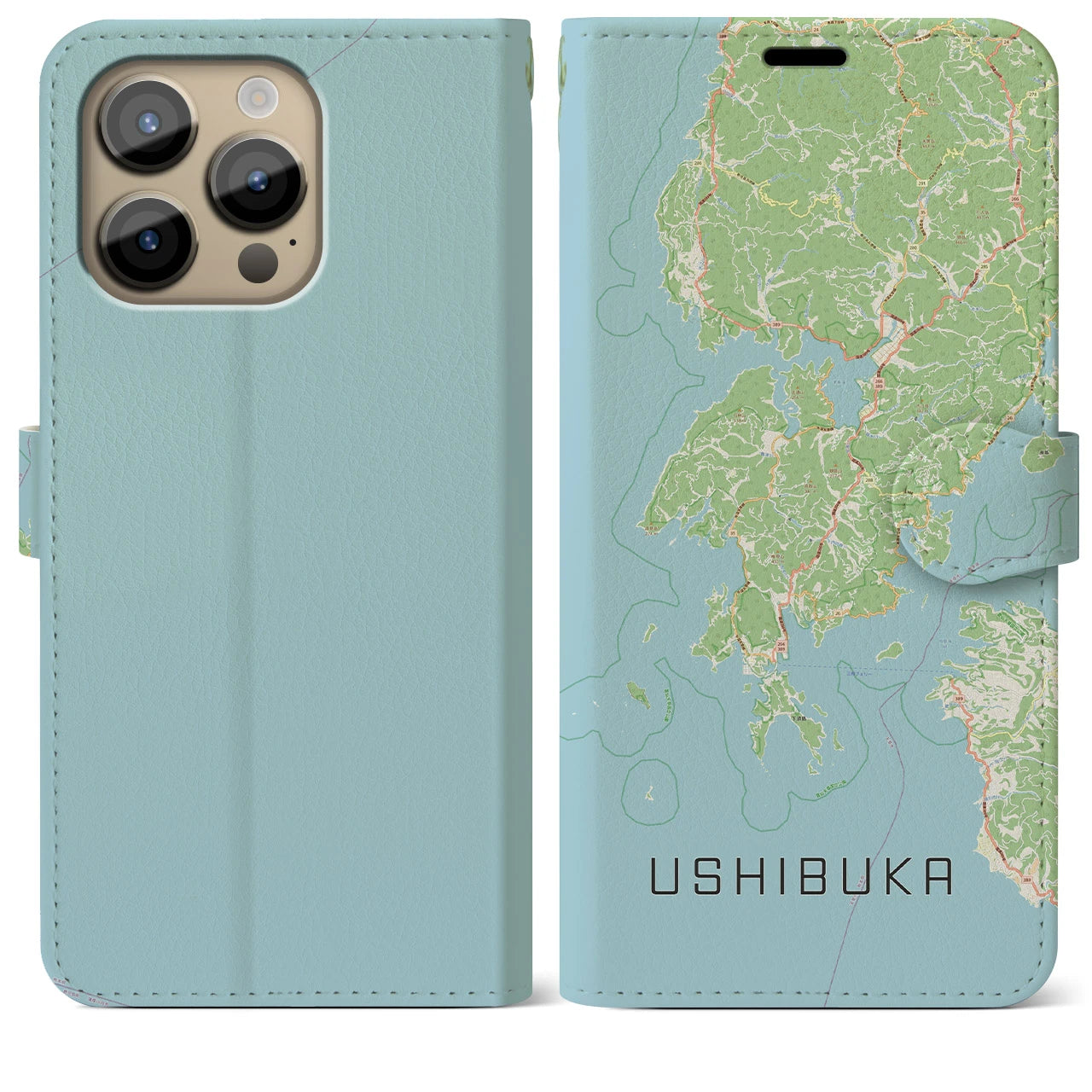 【牛深(熊本県)】地図柄iPhoneケース(手帳タイプ)ナチュラル・iPhone 14 Pro Max 用