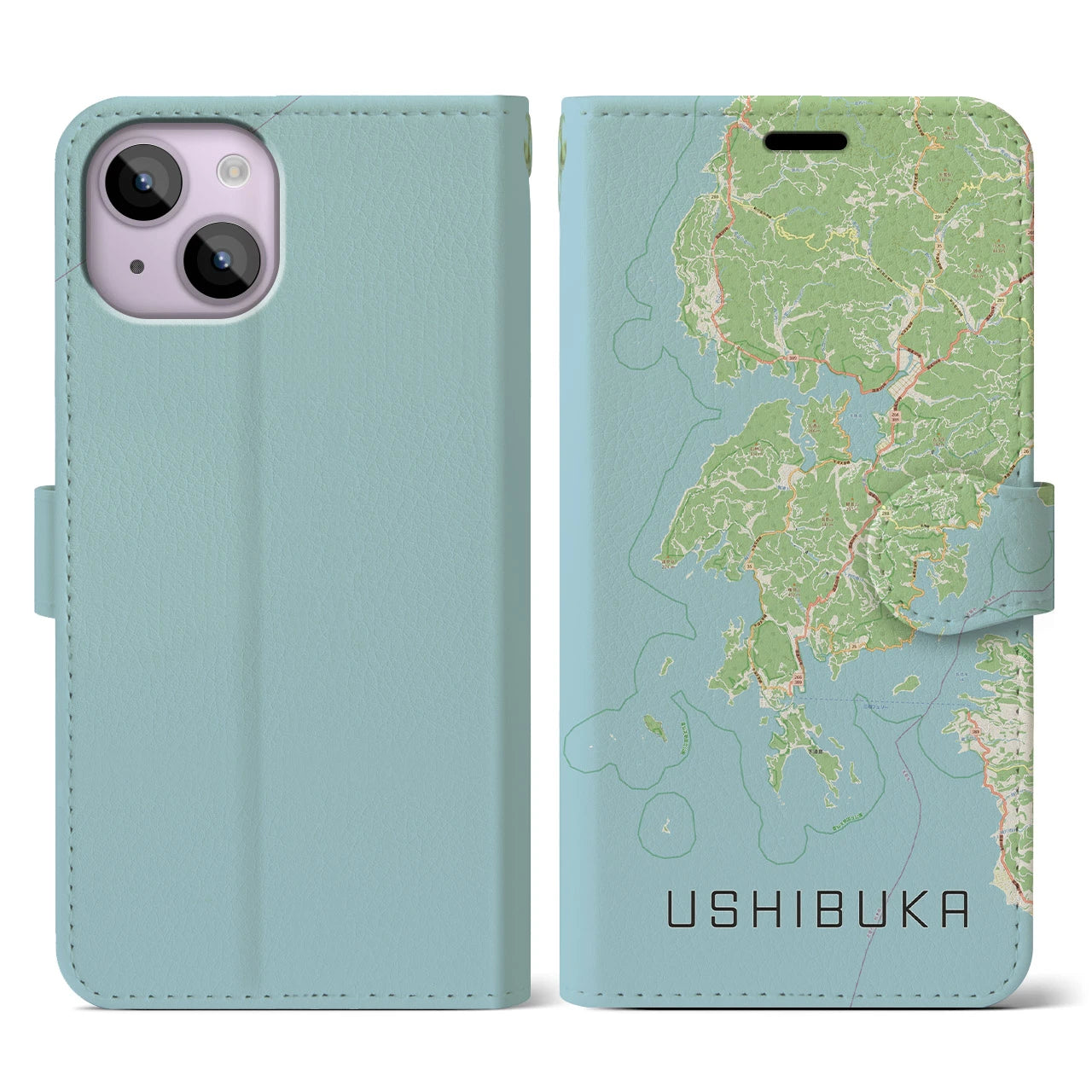 【牛深(熊本県)】地図柄iPhoneケース(手帳タイプ)ナチュラル・iPhone 14 用