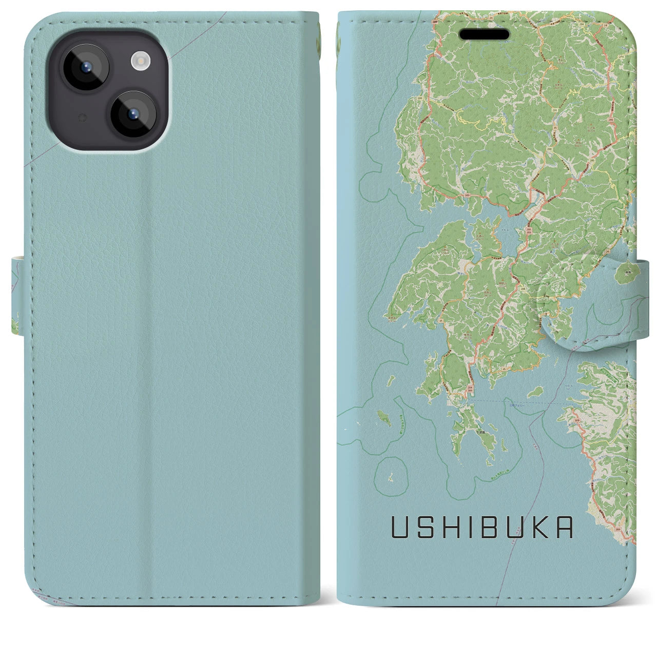 【牛深(熊本県)】地図柄iPhoneケース(手帳タイプ)ナチュラル・iPhone 14 Plus 用