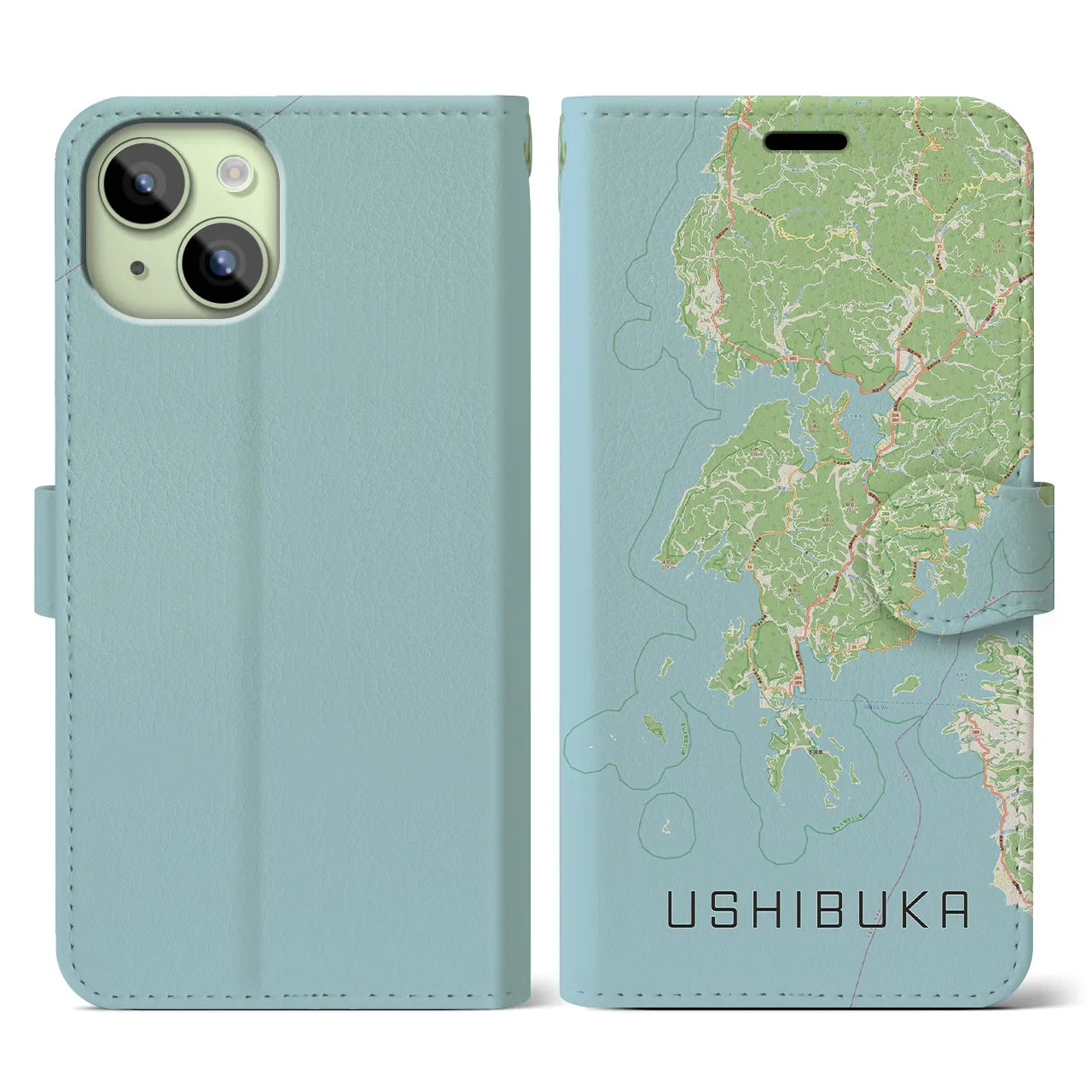 【牛深(熊本県)】地図柄iPhoneケース(手帳タイプ)ナチュラル・iPhone 15 用