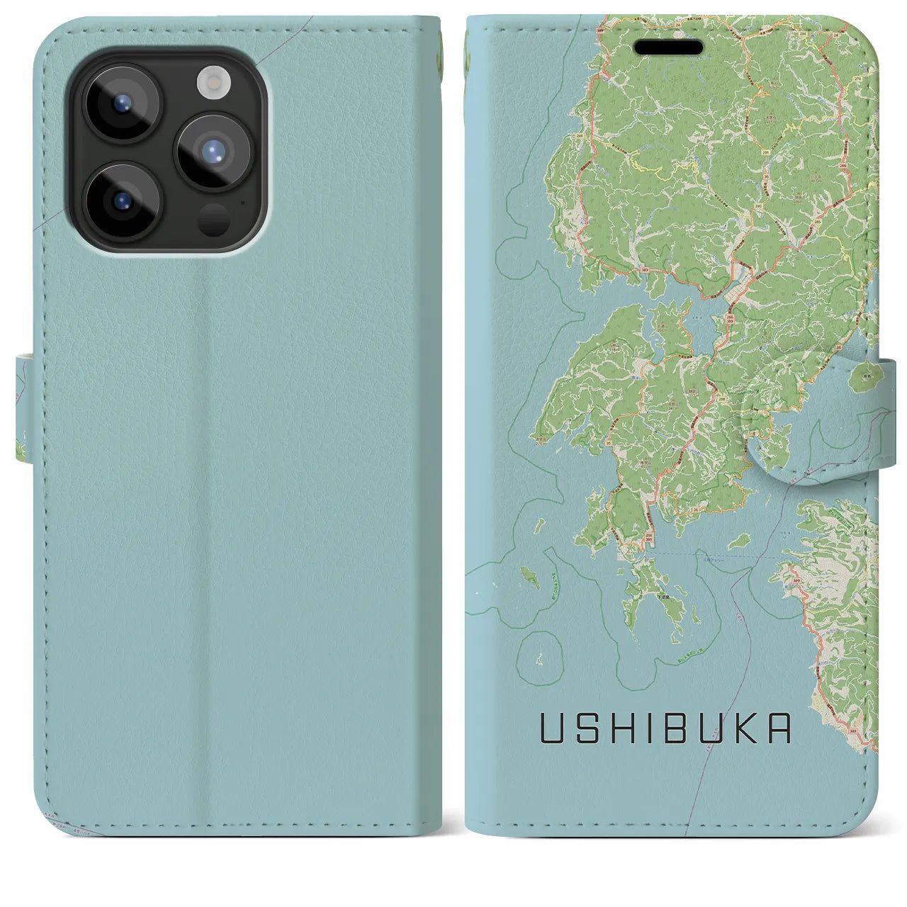 【牛深(熊本県)】地図柄iPhoneケース(手帳タイプ)ナチュラル・iPhone 15 Pro Max 用