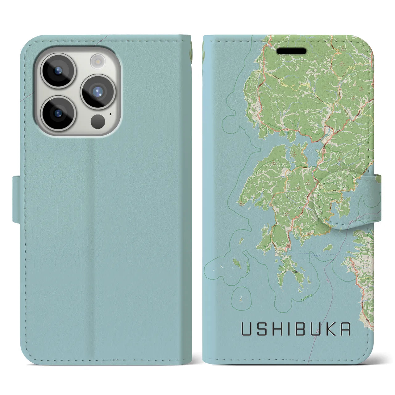 【牛深(熊本県)】地図柄iPhoneケース(手帳タイプ)ナチュラル・iPhone 15 Pro 用