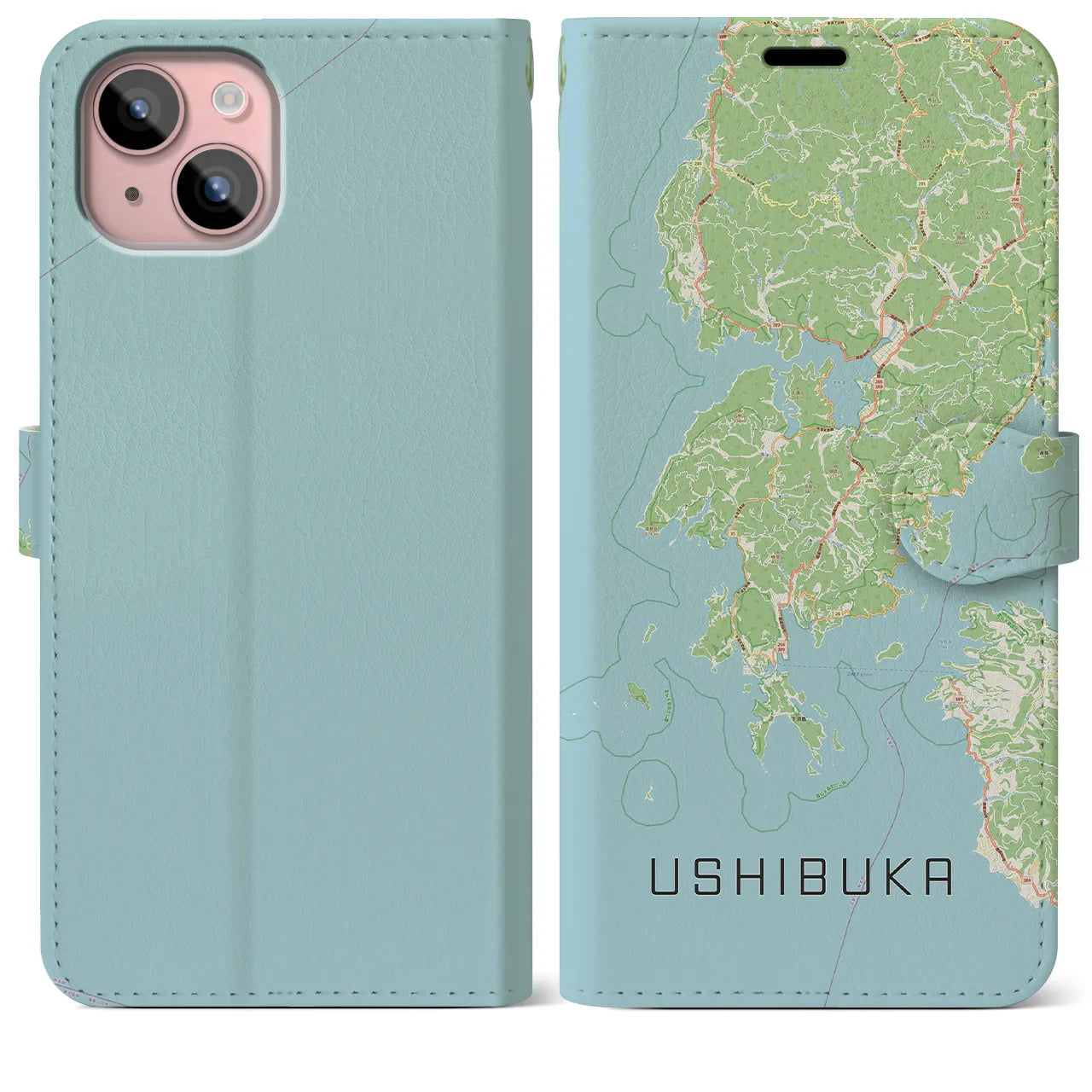 【牛深(熊本県)】地図柄iPhoneケース(手帳タイプ)ナチュラル・iPhone 15 Plus 用