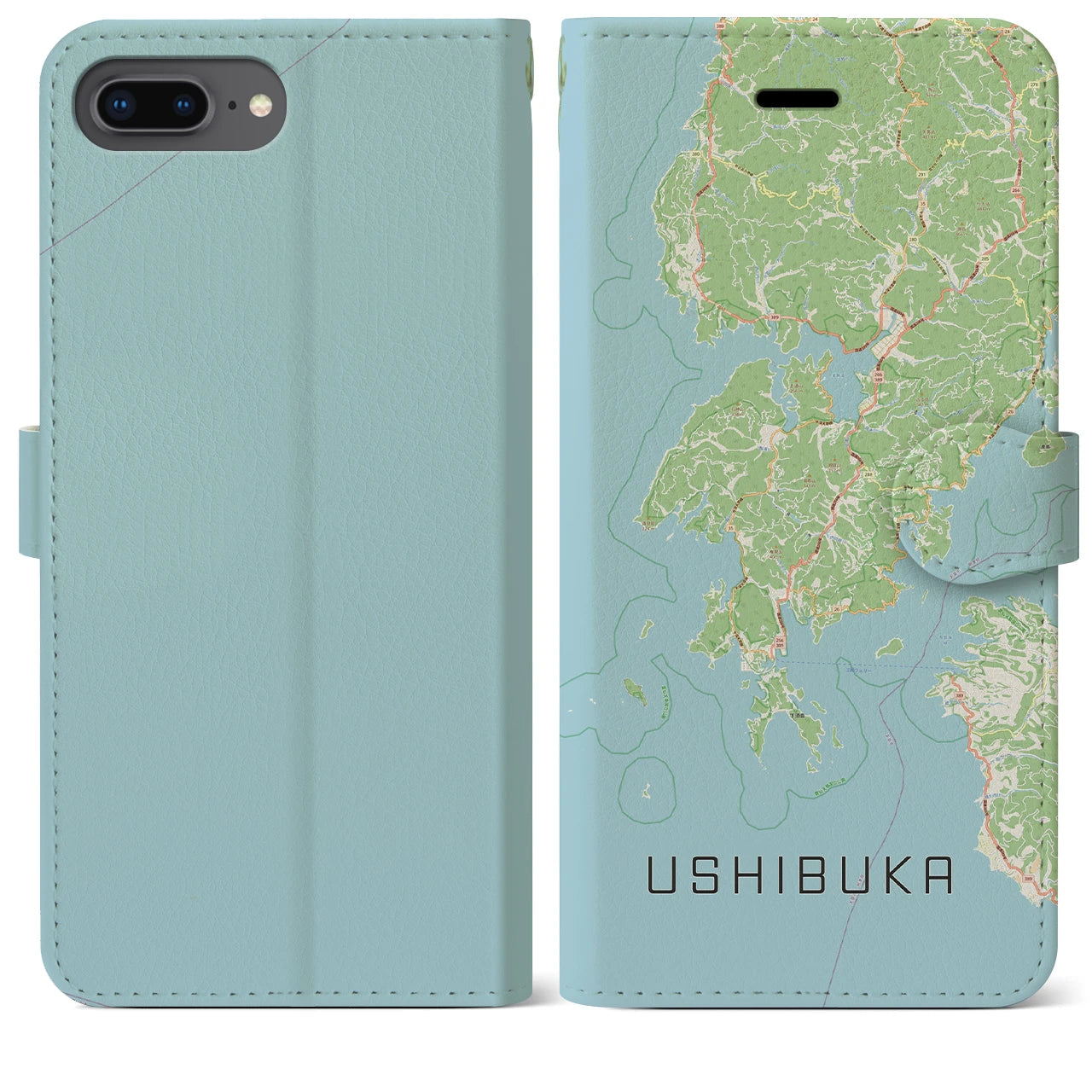 【牛深(熊本県)】地図柄iPhoneケース(手帳タイプ)ナチュラル・iPhone 8Plus /7Plus / 6sPlus / 6Plus 用