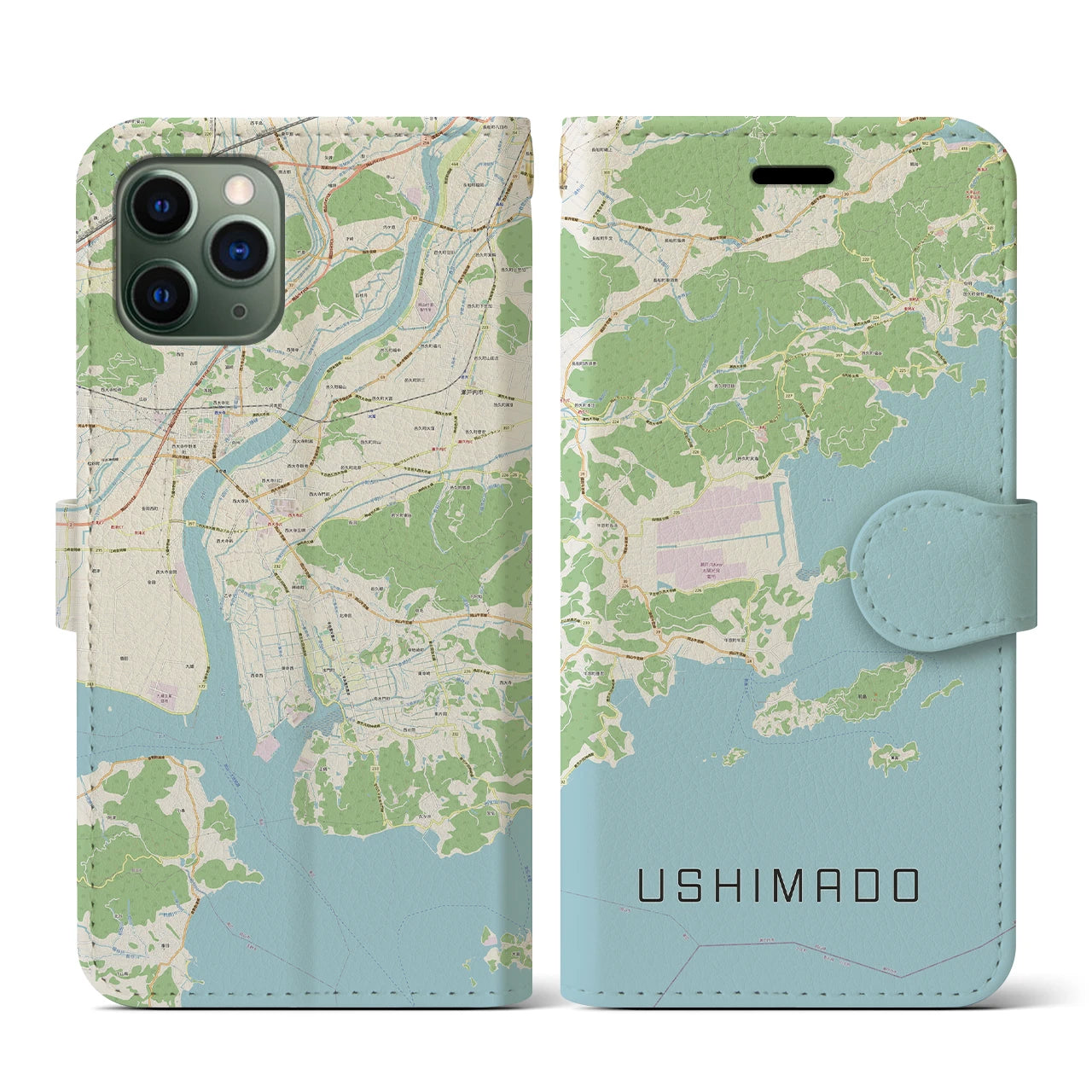 【牛窓(岡山県)】地図柄iPhoneケース(手帳タイプ)ナチュラル・iPhone 11 Pro 用