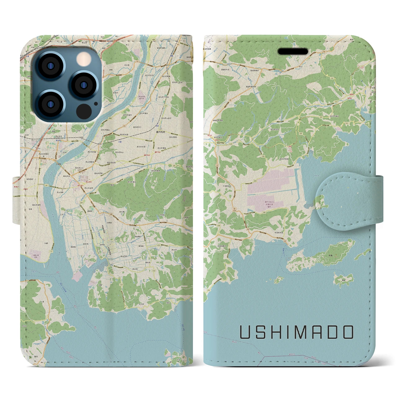 【牛窓(岡山県)】地図柄iPhoneケース(手帳タイプ)ナチュラル・iPhone 12 / 12 Pro 用