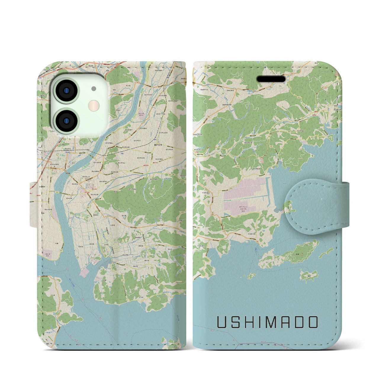 【牛窓(岡山県)】地図柄iPhoneケース(手帳タイプ)ナチュラル・iPhone 12 mini 用