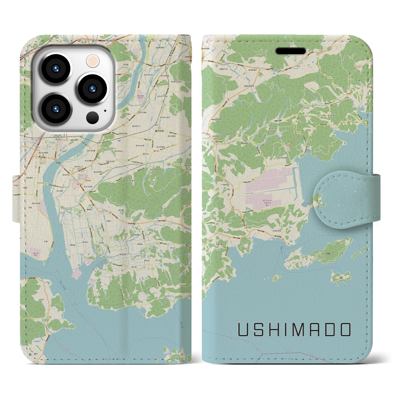 【牛窓(岡山県)】地図柄iPhoneケース(手帳タイプ)ナチュラル・iPhone 13 Pro 用