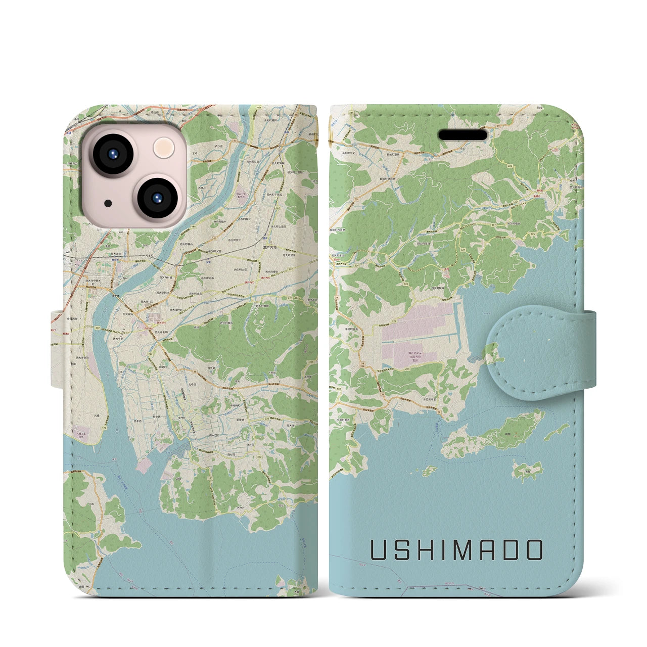 【牛窓(岡山県)】地図柄iPhoneケース(手帳タイプ)ナチュラル・iPhone 13 mini 用