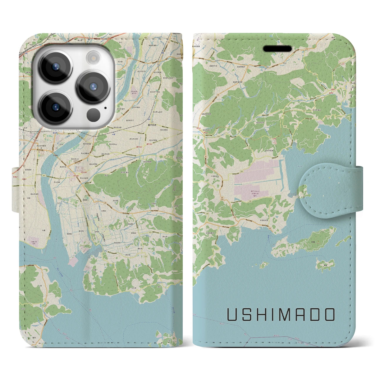 【牛窓(岡山県)】地図柄iPhoneケース(手帳タイプ)ナチュラル・iPhone 14 Pro 用