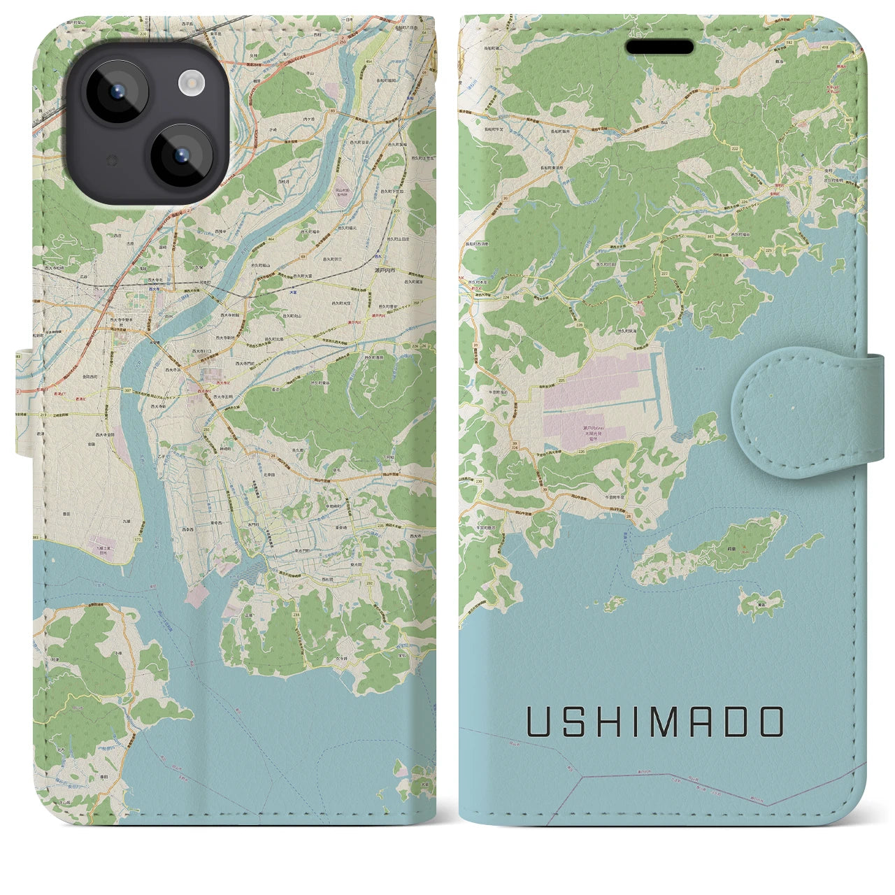 【牛窓(岡山県)】地図柄iPhoneケース(手帳タイプ)ナチュラル・iPhone 14 Plus 用