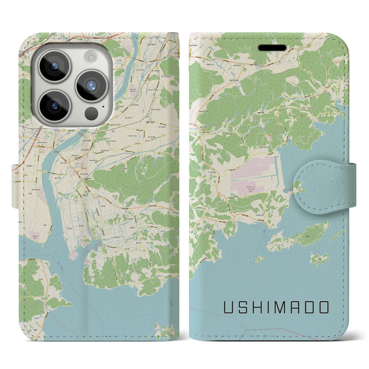 【牛窓(岡山県)】地図柄iPhoneケース(手帳タイプ)ナチュラル・iPhone 15 Pro 用