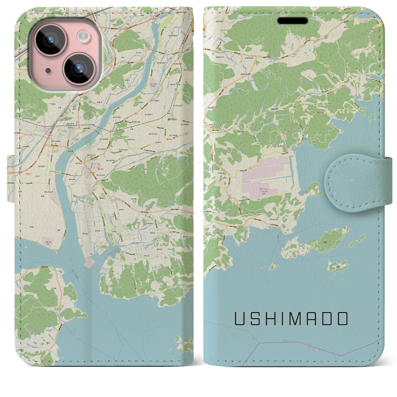 【牛窓(岡山県)】地図柄iPhoneケース(手帳タイプ)ナチュラル・iPhone 15 Plus 用