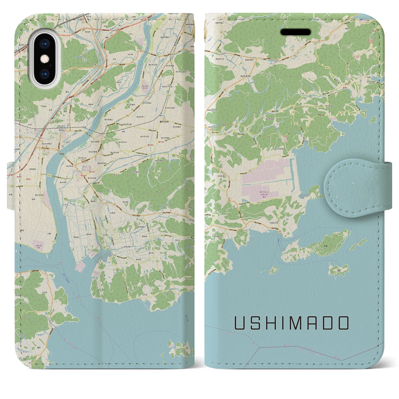 【牛窓(岡山県)】地図柄iPhoneケース(手帳タイプ)ナチュラル・iPhone XS Max 用